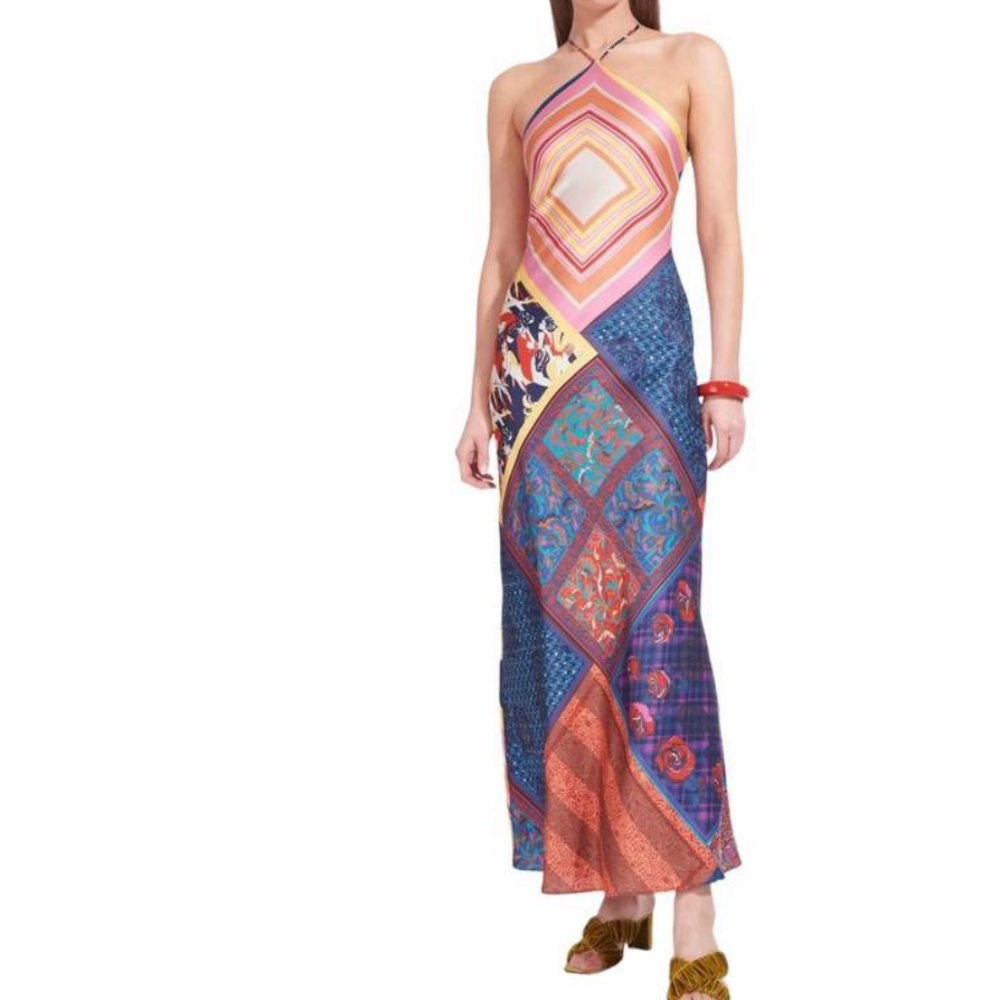 Staud Cubism Printed Satin-Twill Halterneck Maxi Dress